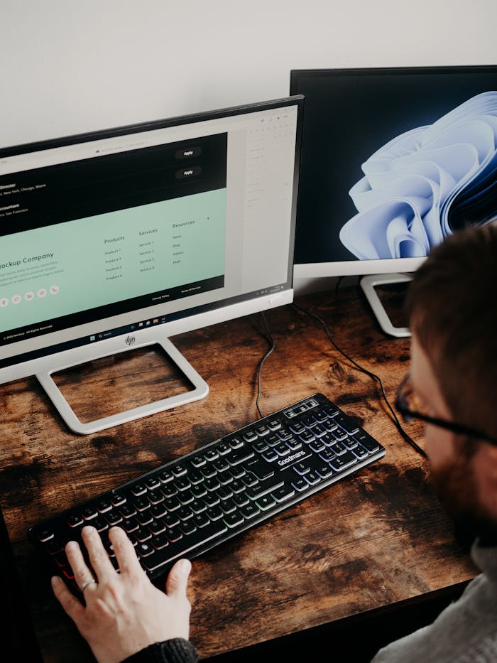 Man Sitting at Desk Working on Computers 