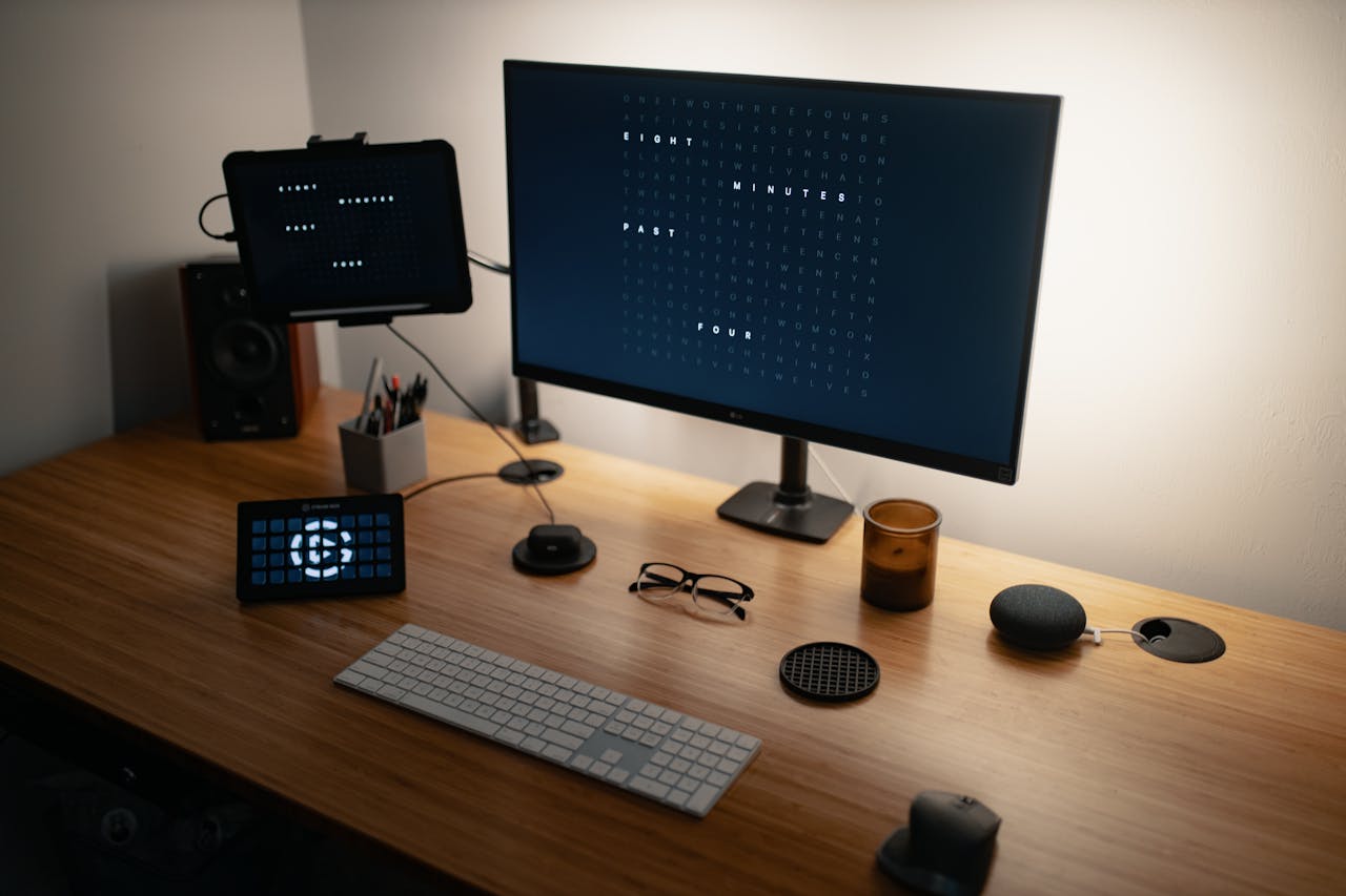 Computer with various electronic devices and speaker placed on table