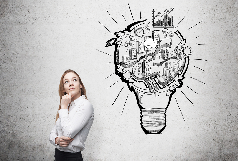 Woman,Thinking,About,Work,,A,Picture,Of,Bulb,With,Stages