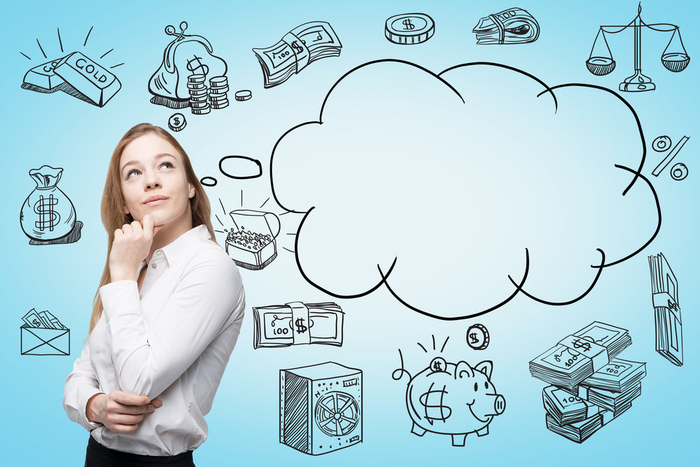 Beautiful,Woman,With,Hand,On,Chin,Looking,Up,And,Thinking